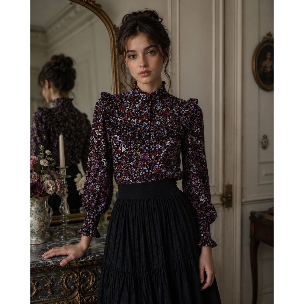 Who What Wear Moody Floral Ruffle Top Womens XS Romantic Victorian Button Front